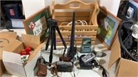 Wood basket, frames, cameras, lamp, misc.