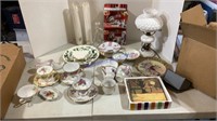 Cups & saucers, plates, lamp, ihome speaker, misc