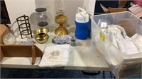 Oil lamp, spittoon, tables cloths,misc
