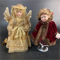 Lot of 2 Porcelain Dolls Christmas and Angel Theme