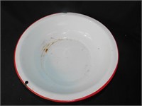 Vintage Enamelware Bowl, White With Red Trim