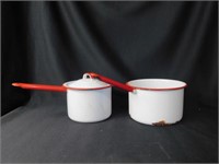 Lot Of 3, Two Vintage Enamel Ware White With Red
