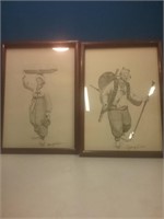 Pair of pen and ink prints signed by artist