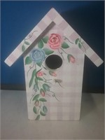 Wooden birdhouse with flowers 8 in tall