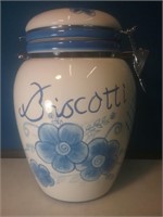 Biscotti jar 10 in tall blue and white