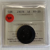 Canadian 1907H 1 Cent VF-20