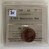 Canadian 1949 1 Cent MS-63 A Off Denticle;Red