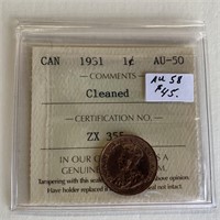 Canadian 1931 1 Cent AU-50 Cleaned