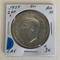 1939 Canada Silver Dollar AU55