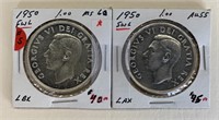 Pair 1950 Canada Silver Dollar FWL SWL