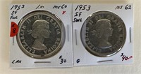 Pair 1952 Canada Silver Dollar  FWL SWL