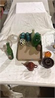 Glass bowl, glass bottles, pitcher, candle holder