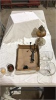 Oil lamp base, glass bowls, candles and holders