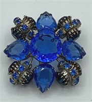 Vintage Cobalt Blue Large Rhinestone Flower Brooch