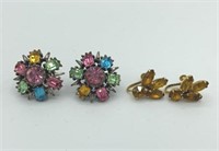Lot of 2 Vintage CORO Rhinestone Flower Earrings