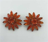 JUDY LEE Orange Navette Flower Rhinestone Earrings