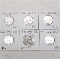 1934-41 Wash Silver Quarters (6)