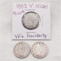 3 V-Nickels Incl 1883 No Cents + 1903/05