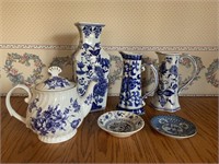 Blue ceramic lot - teapot, pitchers, vases,