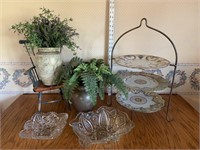 Plate holder, wooden chair, crystal bowls, faux