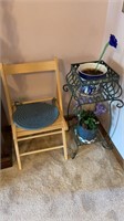 Folding wooden chair & metal plant stand