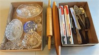 Assorted knives, cut glass, rolling pins,