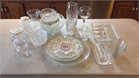 Assorted glassware, relish tray, covered butter,