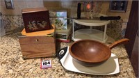 Recipe boxes, wooden bowl, knife, measuring