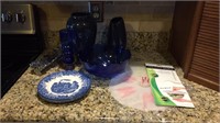 Blue pottery, vase & bowl - Wedgewood plates,