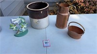 2 gallon crock, copper items & doorstop