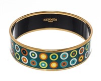 Hermes Green/Gold Dancing Circles Enamel Bracelet