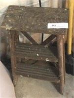Small Metal Shelf, Stepladder, and Brooms