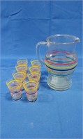 Vintage Glass Ringware Pitcher and Glasses