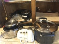 Pots, Frying Pans, and Handheld Mixer