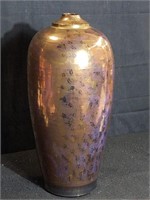 Signed ceramic floor vase w/crackled copper glaze