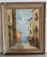 Signed painting on artist's board beach city scene