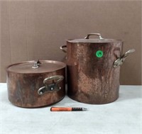 2 Copper Pots w/Brass Handle; 1 lid bent