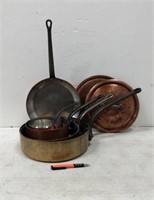 French Copper Pots & Pans; 2 lids, 5 pans