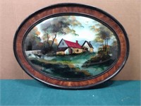 Oval Framed Reversed Painted Scene; some paint