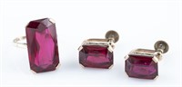 10k synthetic ruby ring and earrings.