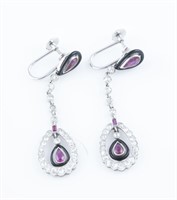 Pair of Art Deco ruby and diamond drop earrings.