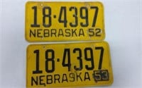 Pair of 1952 (53 metal on 1) Nebraska Plates