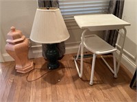 Lamp & large urn & small white table & more