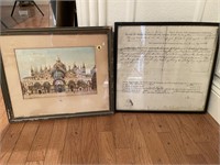 Russian type building picture & old framed parcel-