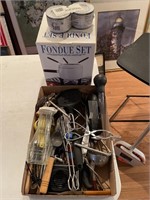 Fondue set & flat of kitchen utensils