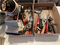 2 boxes vintage utensils & Salad King chopper