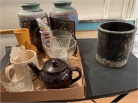 Painted crock & flat of vases & more
