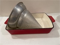 Red cast baking dish & ricer