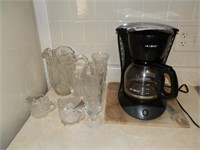 COFFEE MAKER, PITCHEN & UNMATCHING GLASSES (5)
