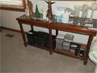 GLASS TOPPED SOFA TABLE, 2 END TABLES,